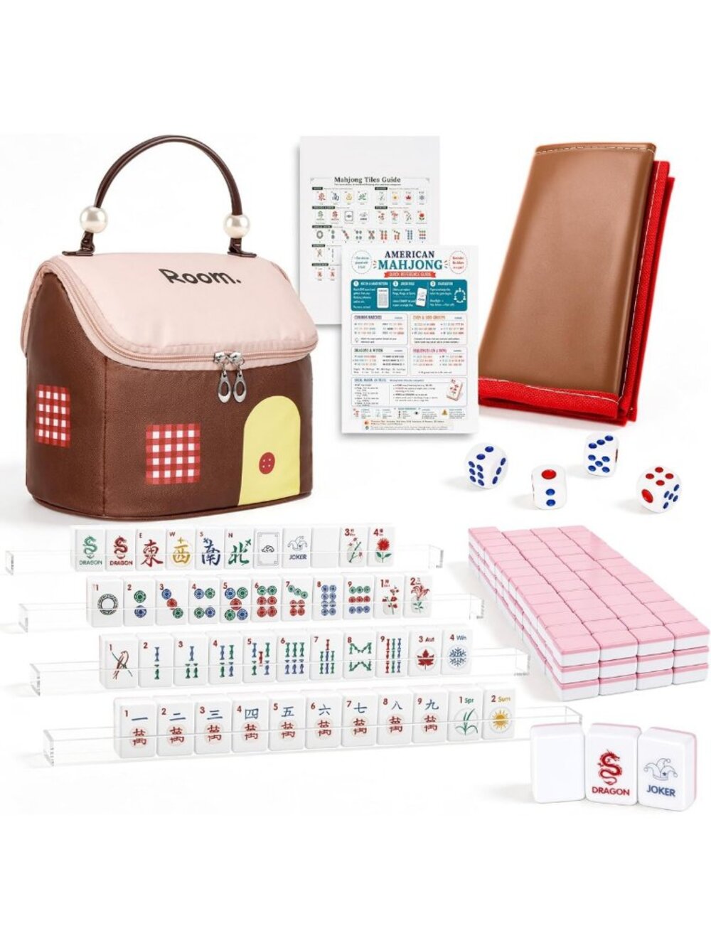 Travel Mahjong Set - 166 Mini Tiles, 4 Racks, Compact & Stylish Pink Game